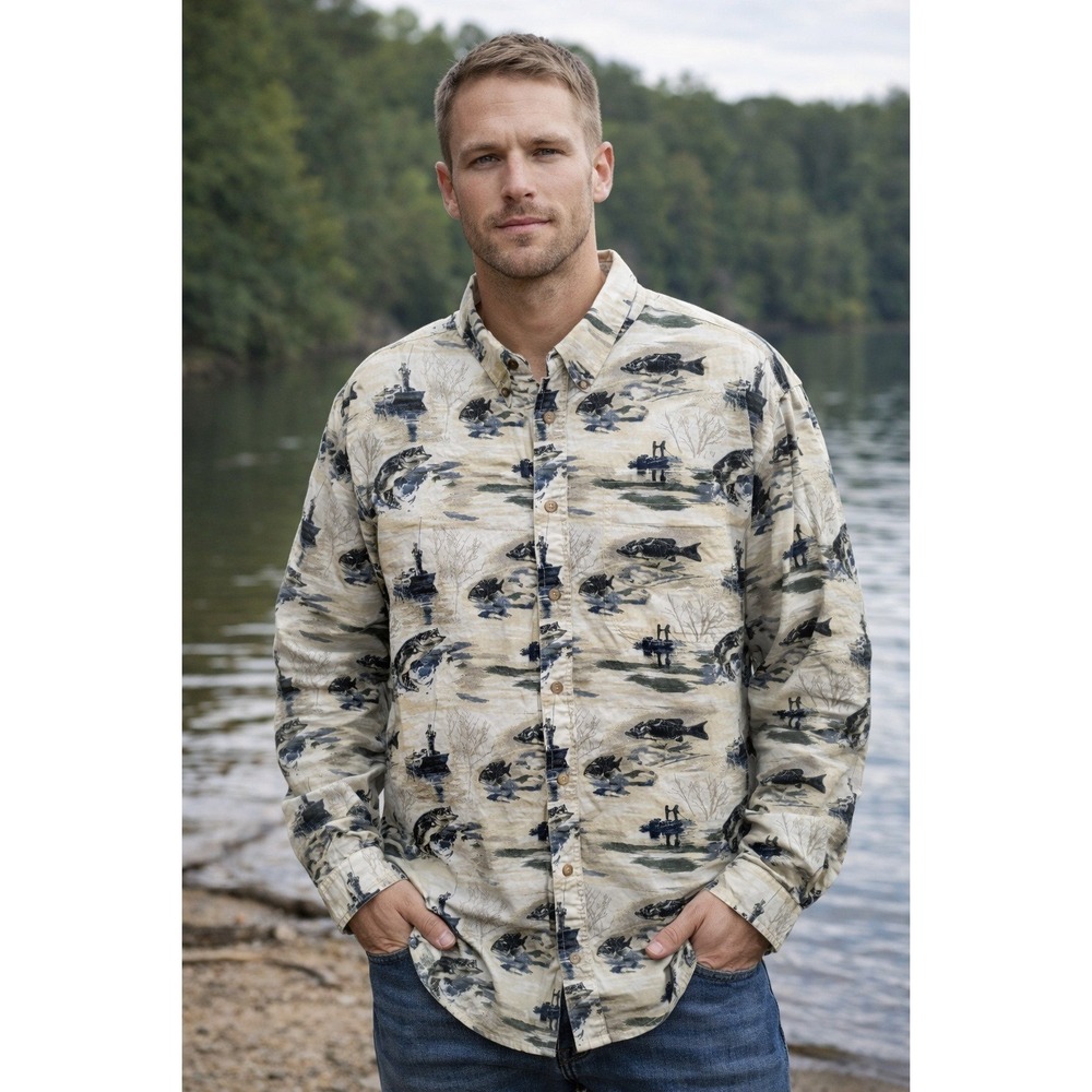 Falls Creek Button Down Shirt Men's Sz L Casual Outdoor Fishing Blue Long Sleeve
